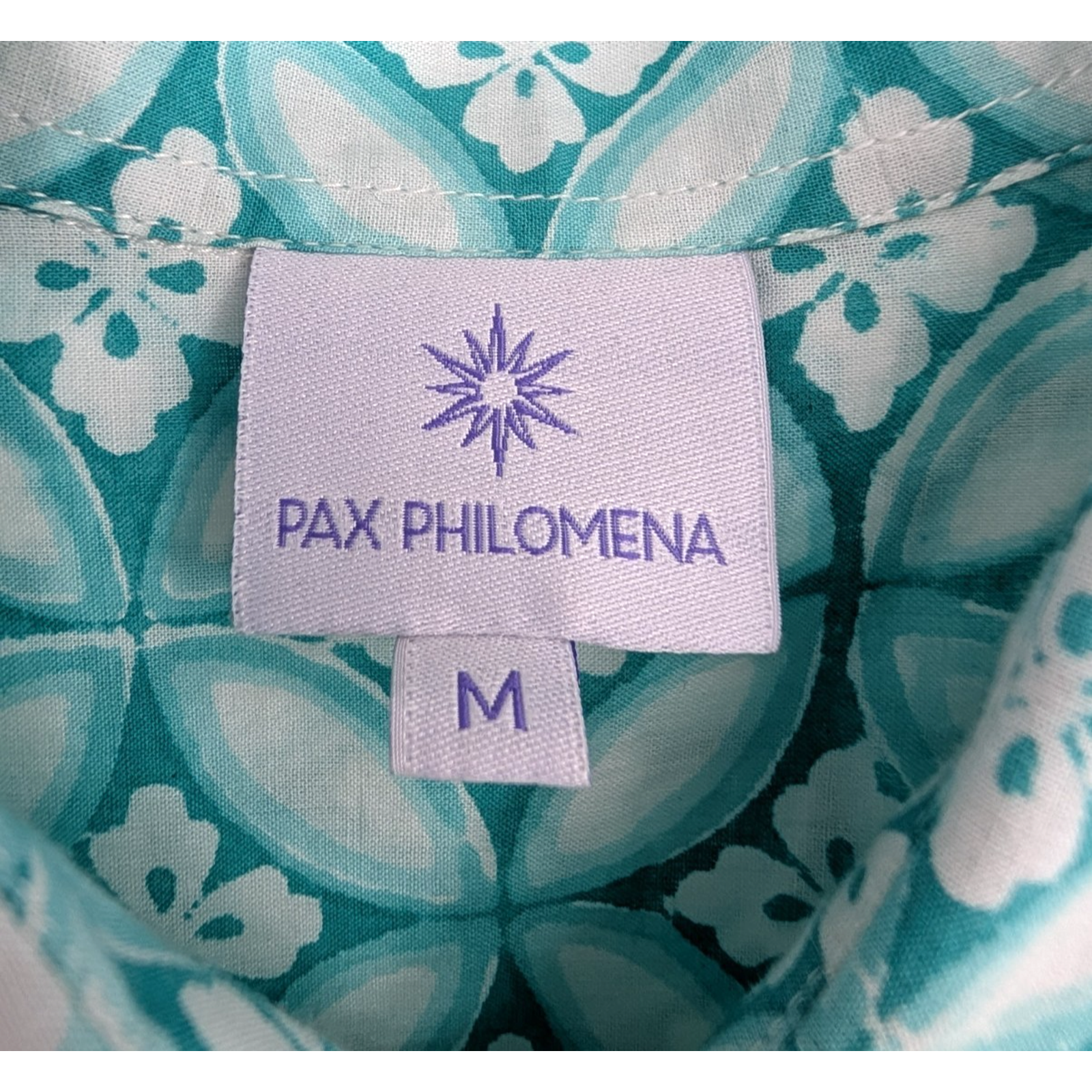Pax Philomena Nina Aqua Floral Button Down Blouse Medium Boho Lagenlook Artsy — image 5 of 7